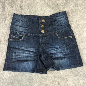 Blue Asphalt Shorts 3 4 27 High Rise Mini Dark Wash Distressed Triple Button Up